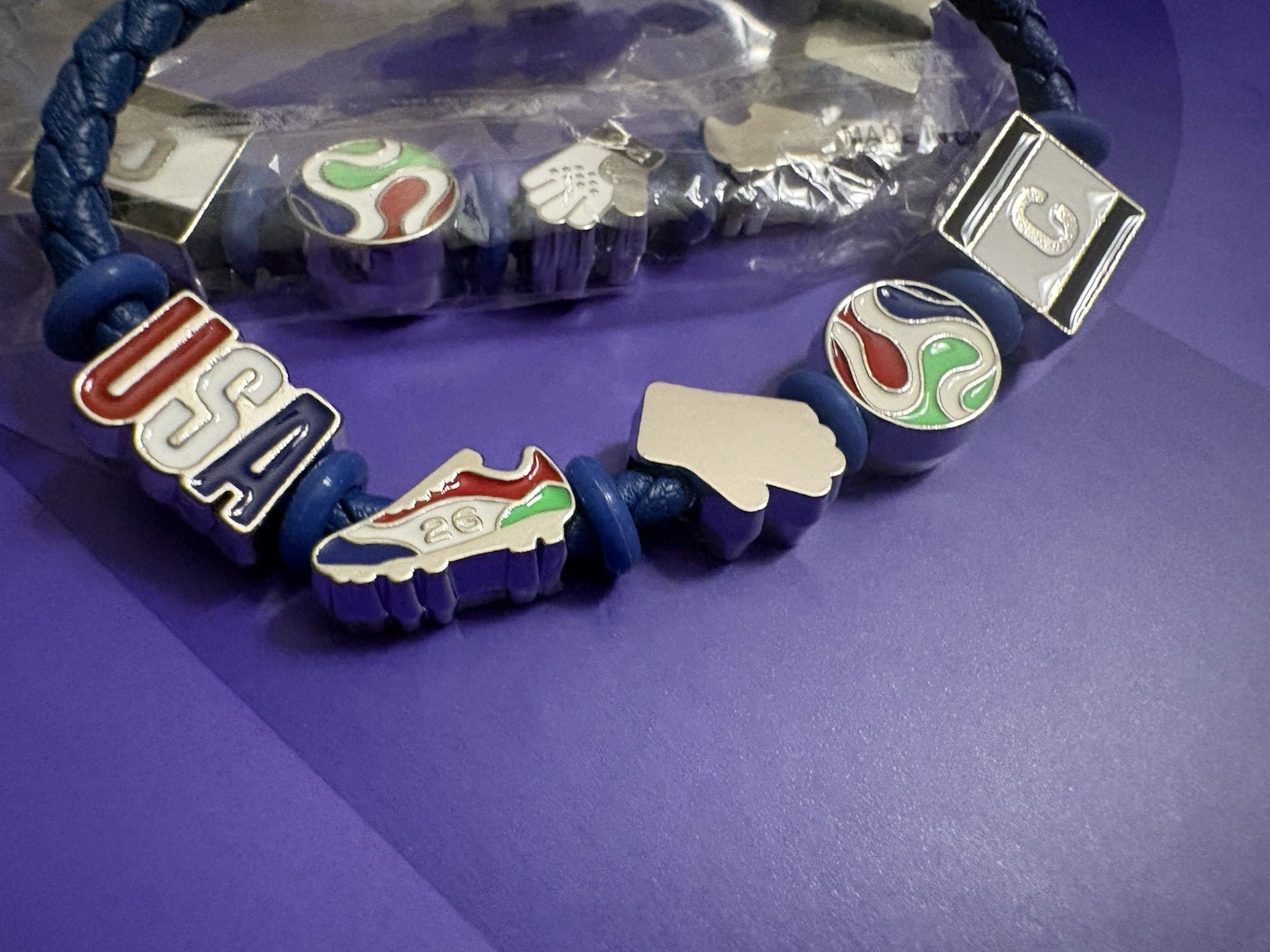 Blue Braided Faux Leather Sports Charm Bracelet, Enamel Dangle, Magnetic Clasp
