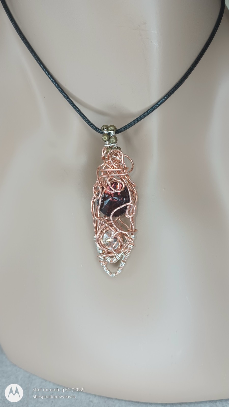 Burgandy Handmade Wire Wrapped Necklace Faceted Glass Crystal, Copper Pendant