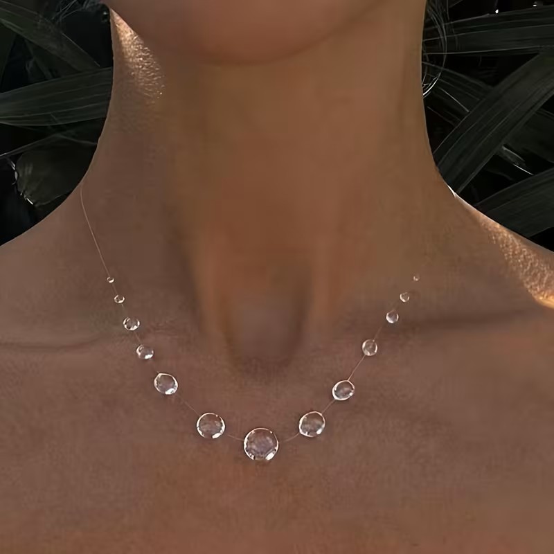 Invisible Floating Raindrop Bead Necklace Clear Illusion Minimalist Jewelry