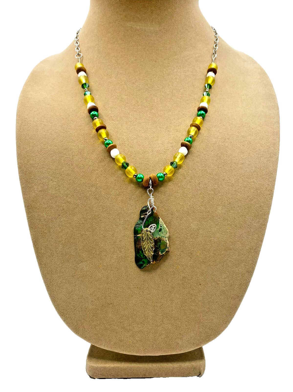Beaded Necklace Ladies Green Yellow Brown White- Marble Jasper Pendant