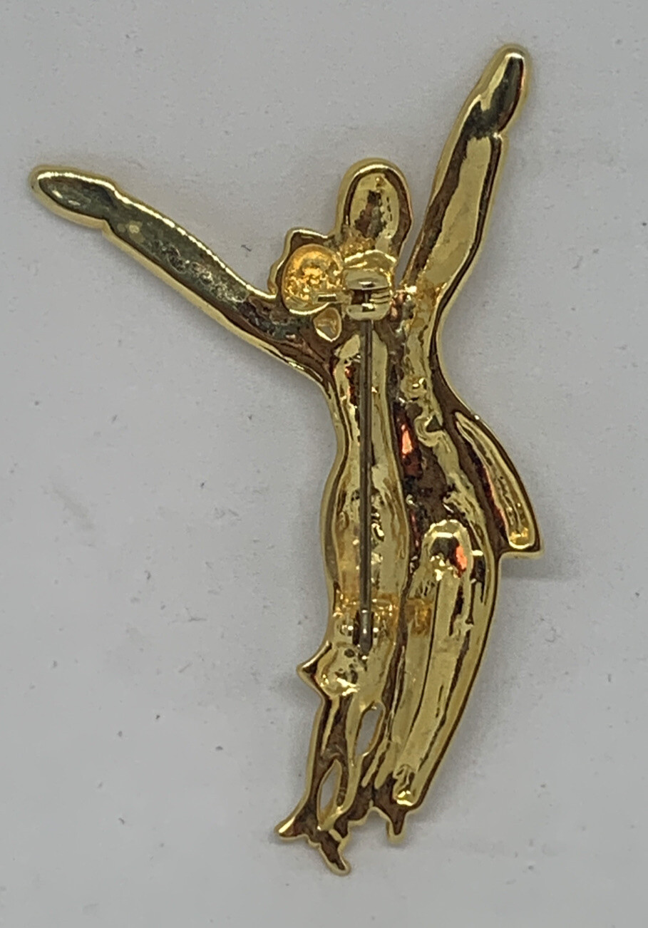 Vintage Gold Tone Male Female Dancer Pin Brooch 2-3/4″ Tall Rhinestones