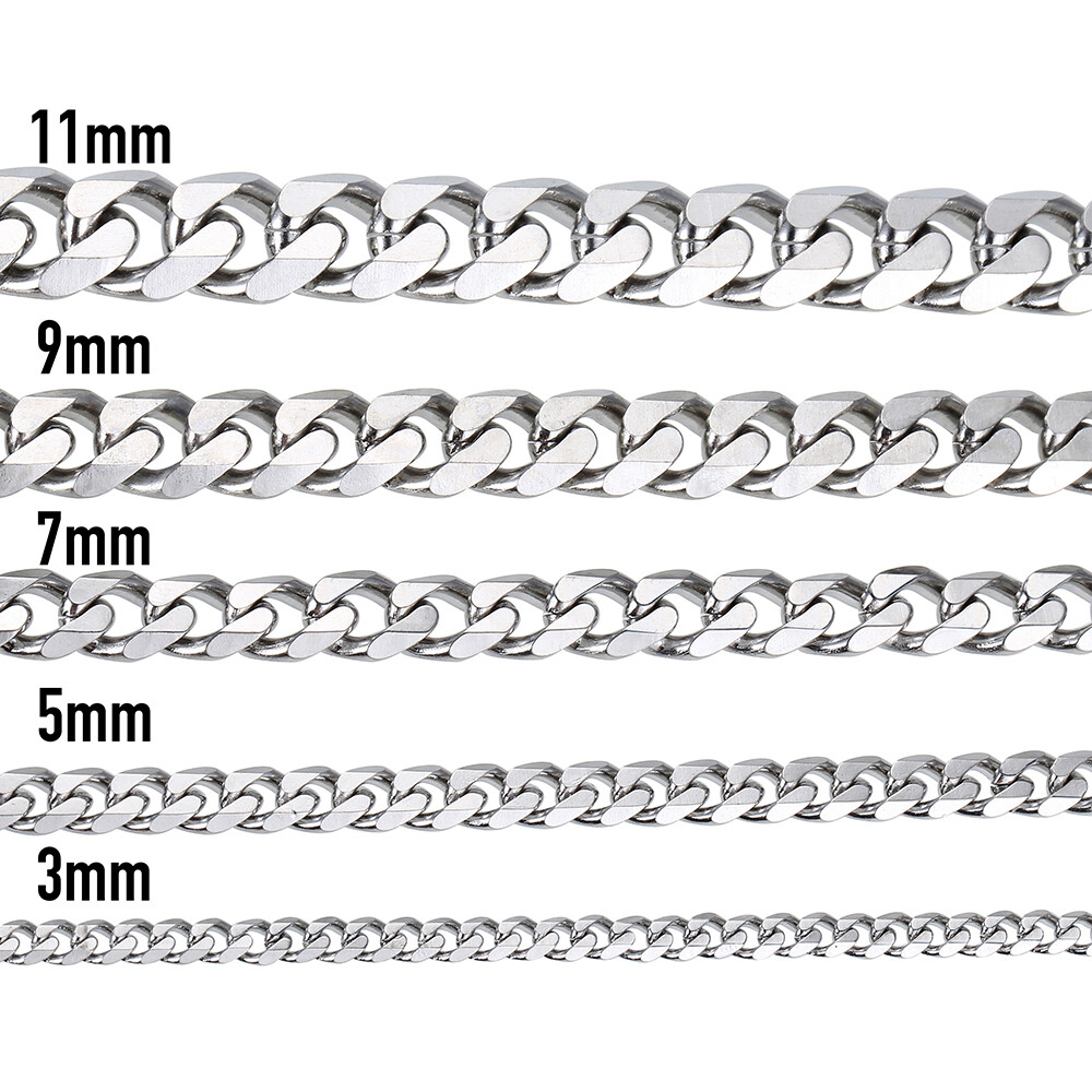 16″-30″ Stainless Steel Silver Chain Cuban Curb Men Women Necklace 3/5/7/9/11mm
