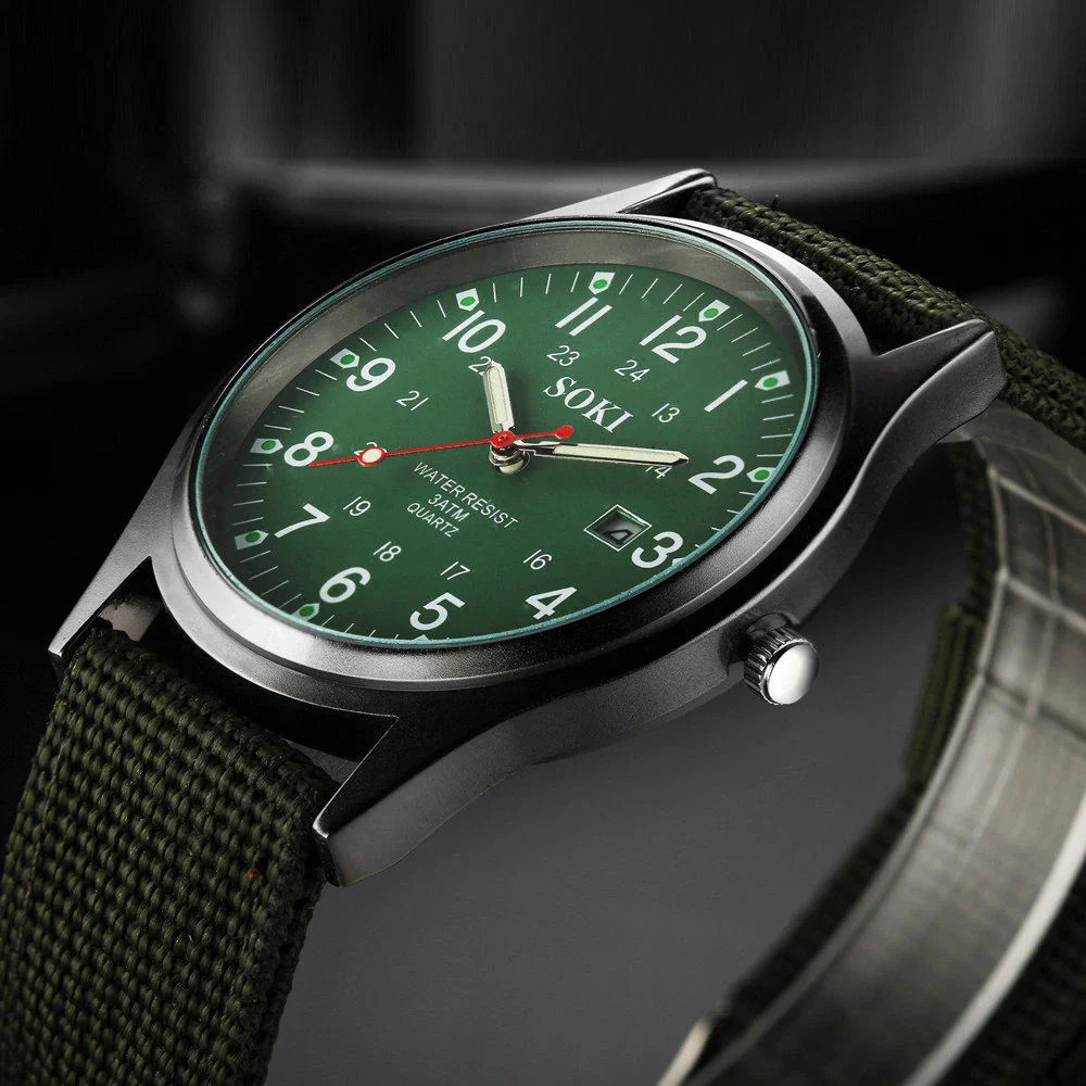 Men Army Luminous Quartz Watch Nylon Strap Date 24H Wrist Watch