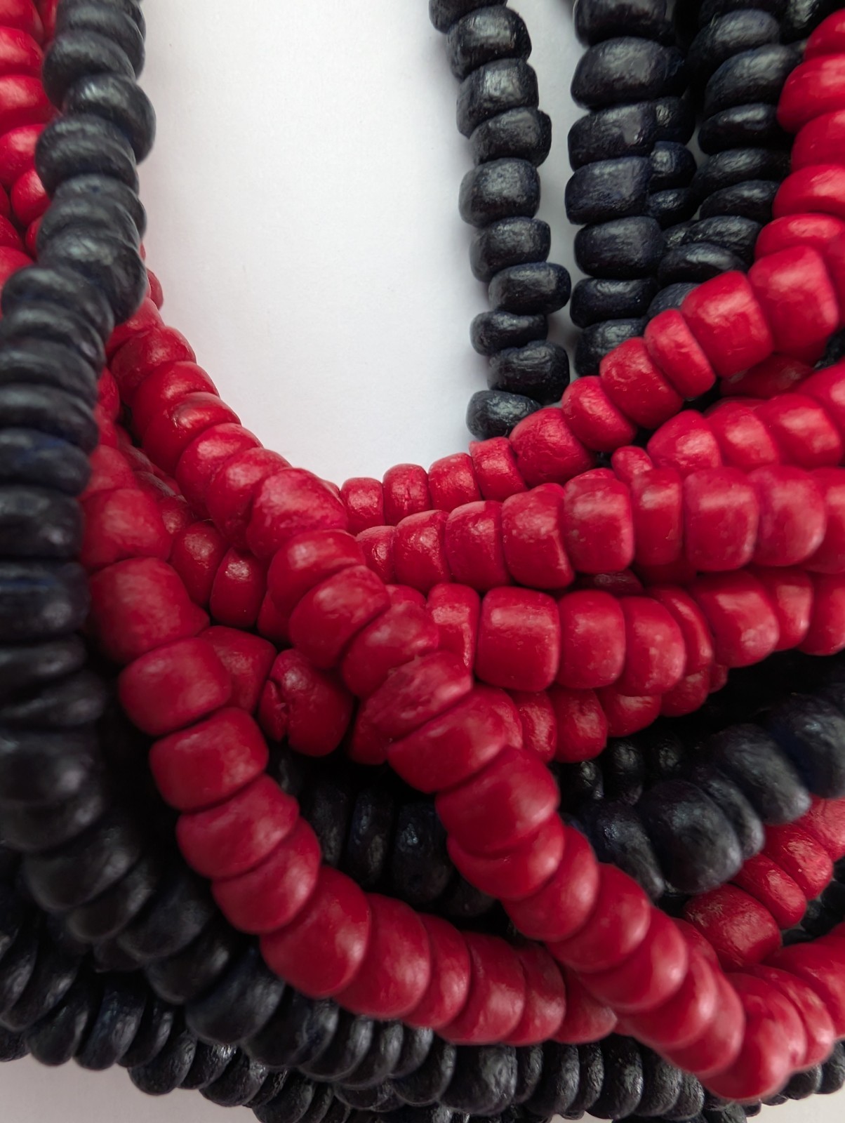 Chunky red black dyed wood multi strand none metal statement toggle necklace