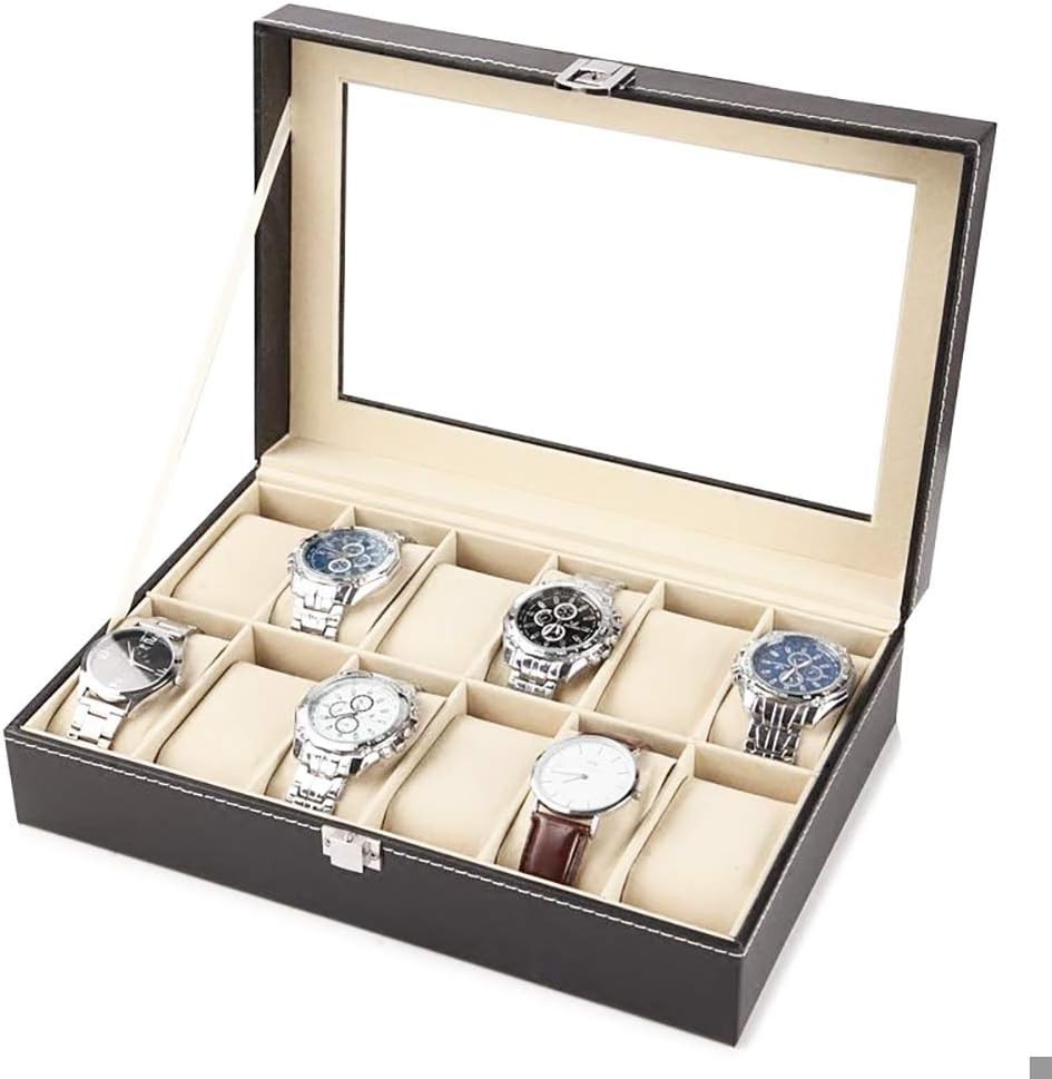 Multi-Functional Leather Watch Box with Framed Glass Top – For Watches & Jewelry