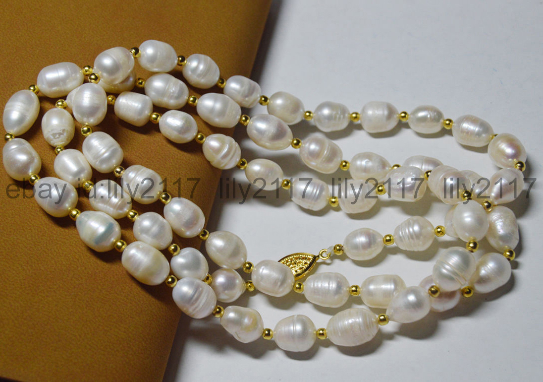 Long 36 inches 7-8mm genuine natural white rice pearl necklaces 14KGP clasp