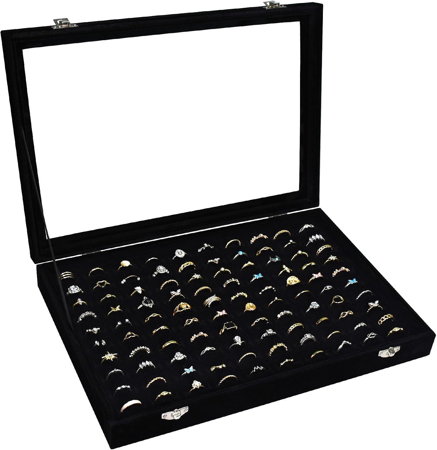 Velvet Ring Display Tray 100 Slot Jewelry Organizer Box Earring Holder Clear Lid