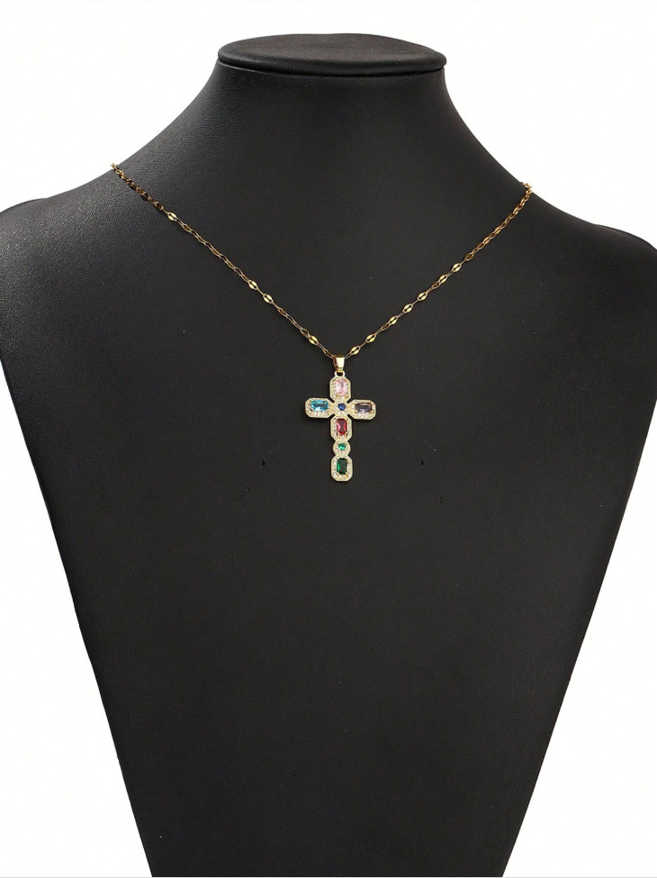 Women Gold Rainbow Cross Necklace Multicolor CZ Crystal Christian Religious Gift