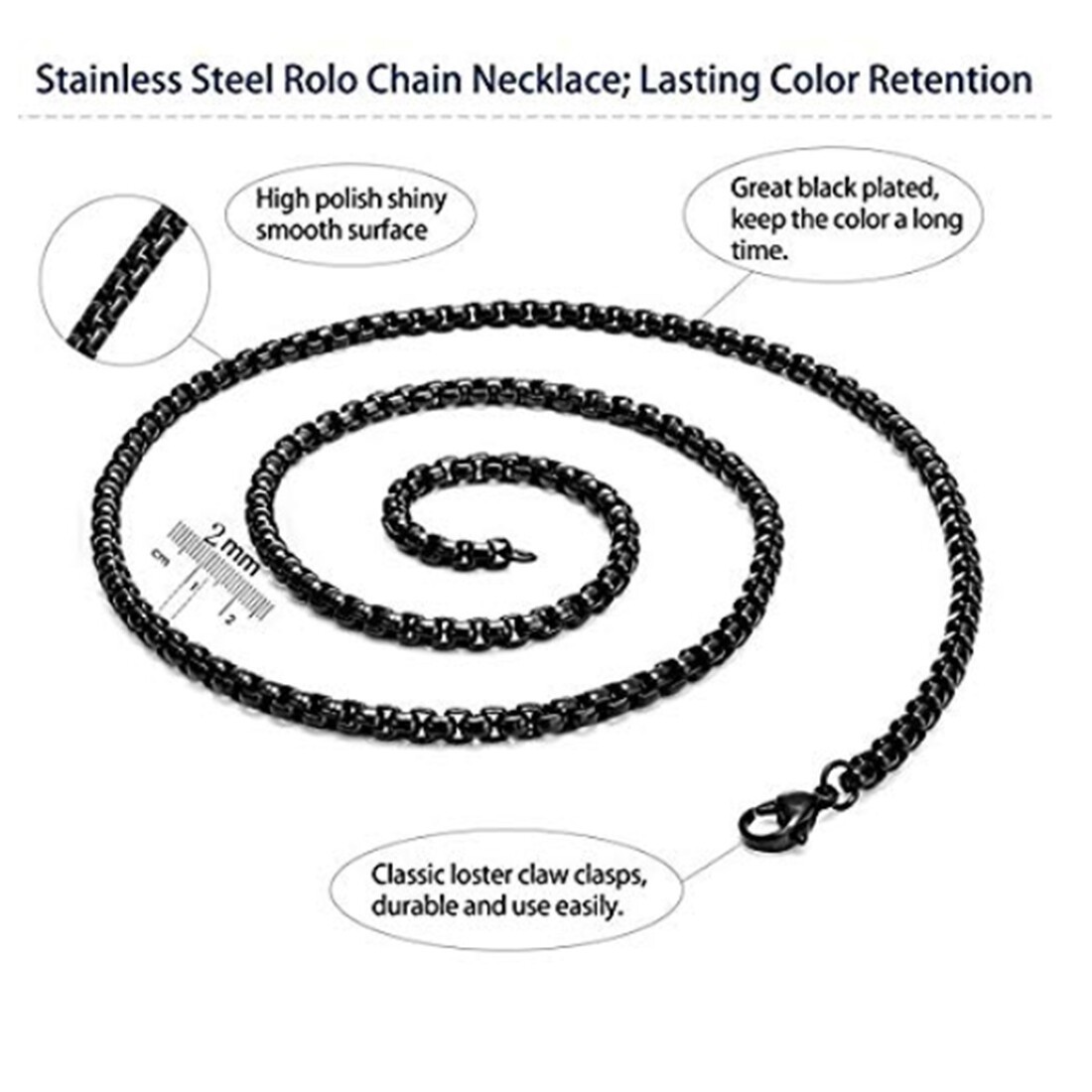 2-7MM Men’s Jewelry Stainless Steel Black Rolo Box Chain Necklace Gift 7-36″ Hot