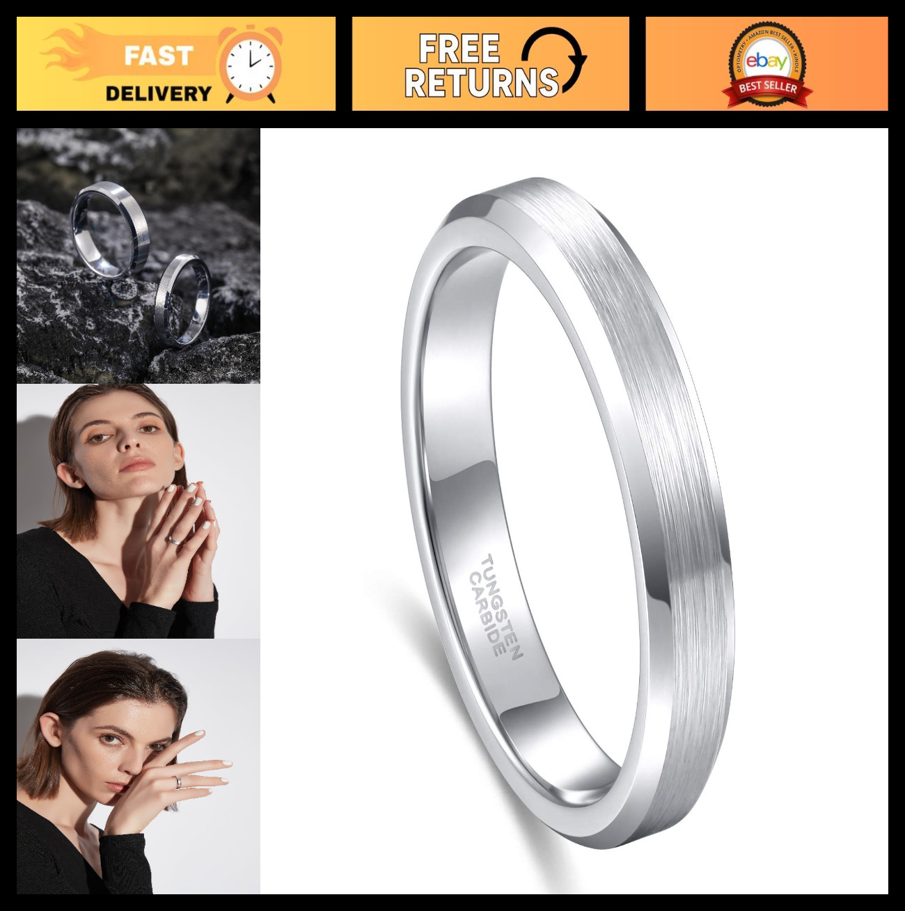 Tungsten Carbide Wedding Band Ring for Men & Women, Beveled Edge, Comfort Fit, 4