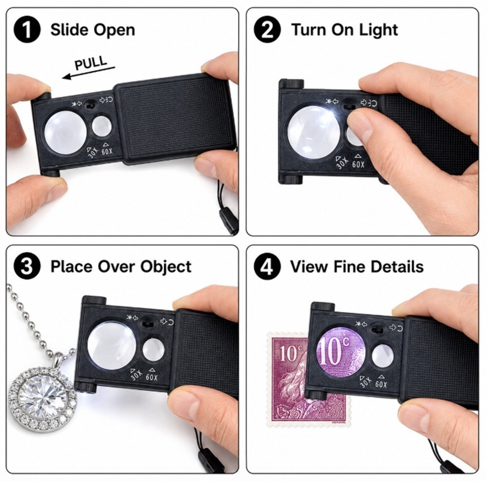 30X 60X Pocket Magnifier with LED Lighted Slide Out-Handheld Magnifying Glass