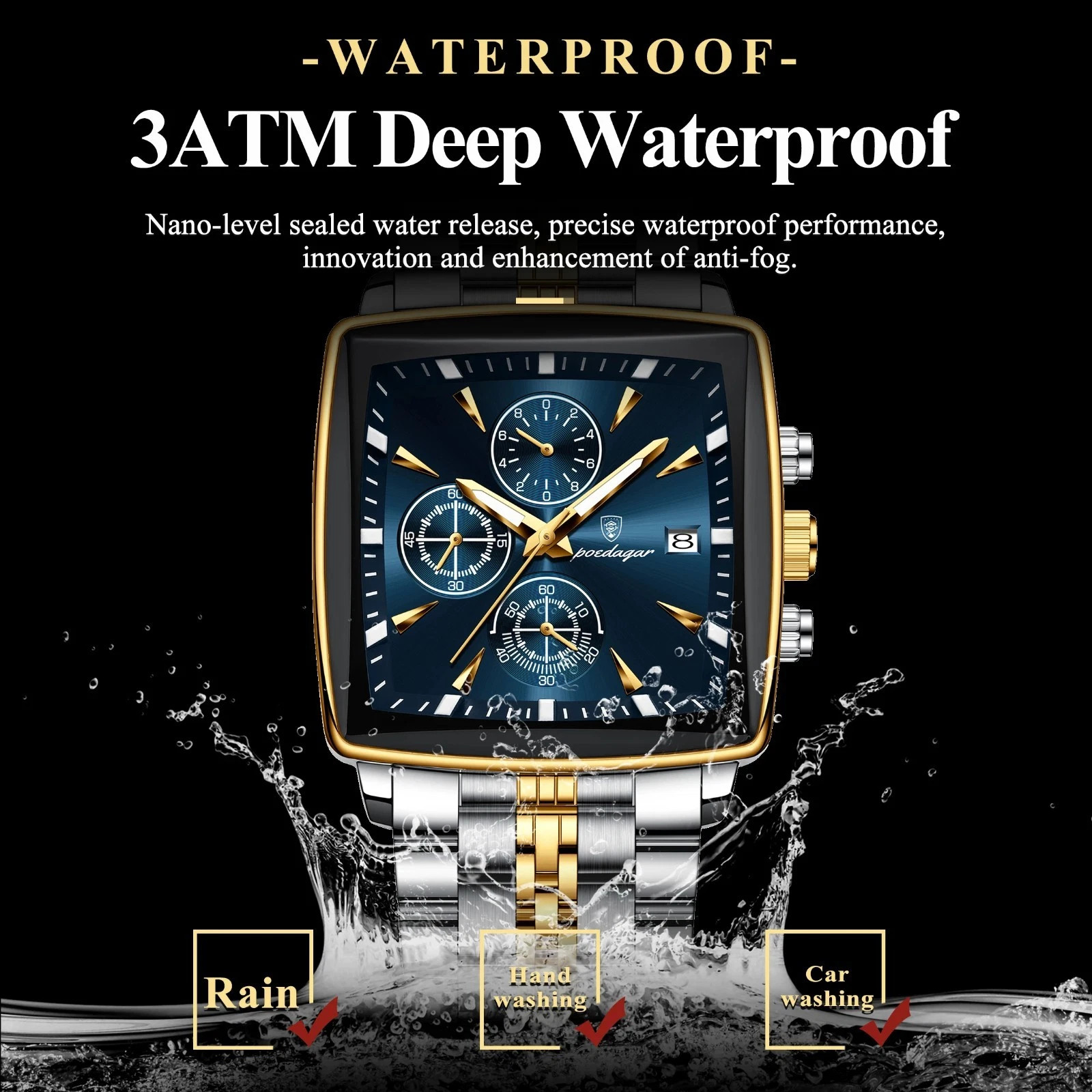 Luxury Men’s Watch Square Stainless Steel Waterproof Luminous Chrono
