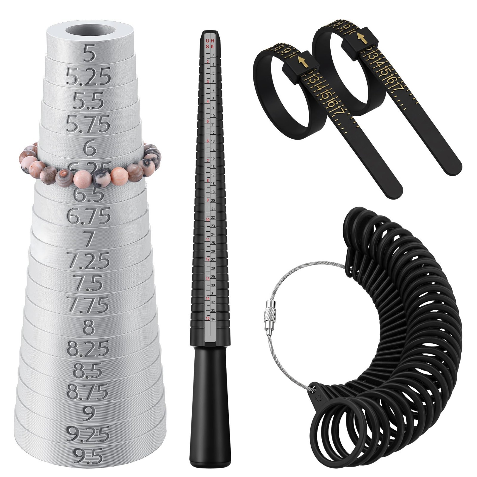 Bracelet & Ring Size Measuring Tool Kit – Mandrel & Finger Sizers, US Sizes 1-17