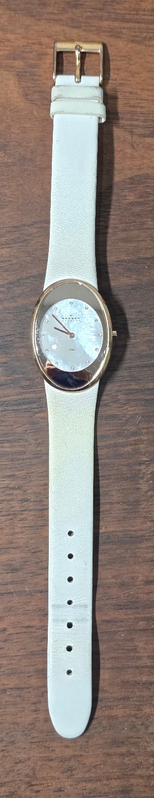 Skagen Denmark White Leather & MOP Inlay Women’s Watch 648SRLW Japan Quartz
