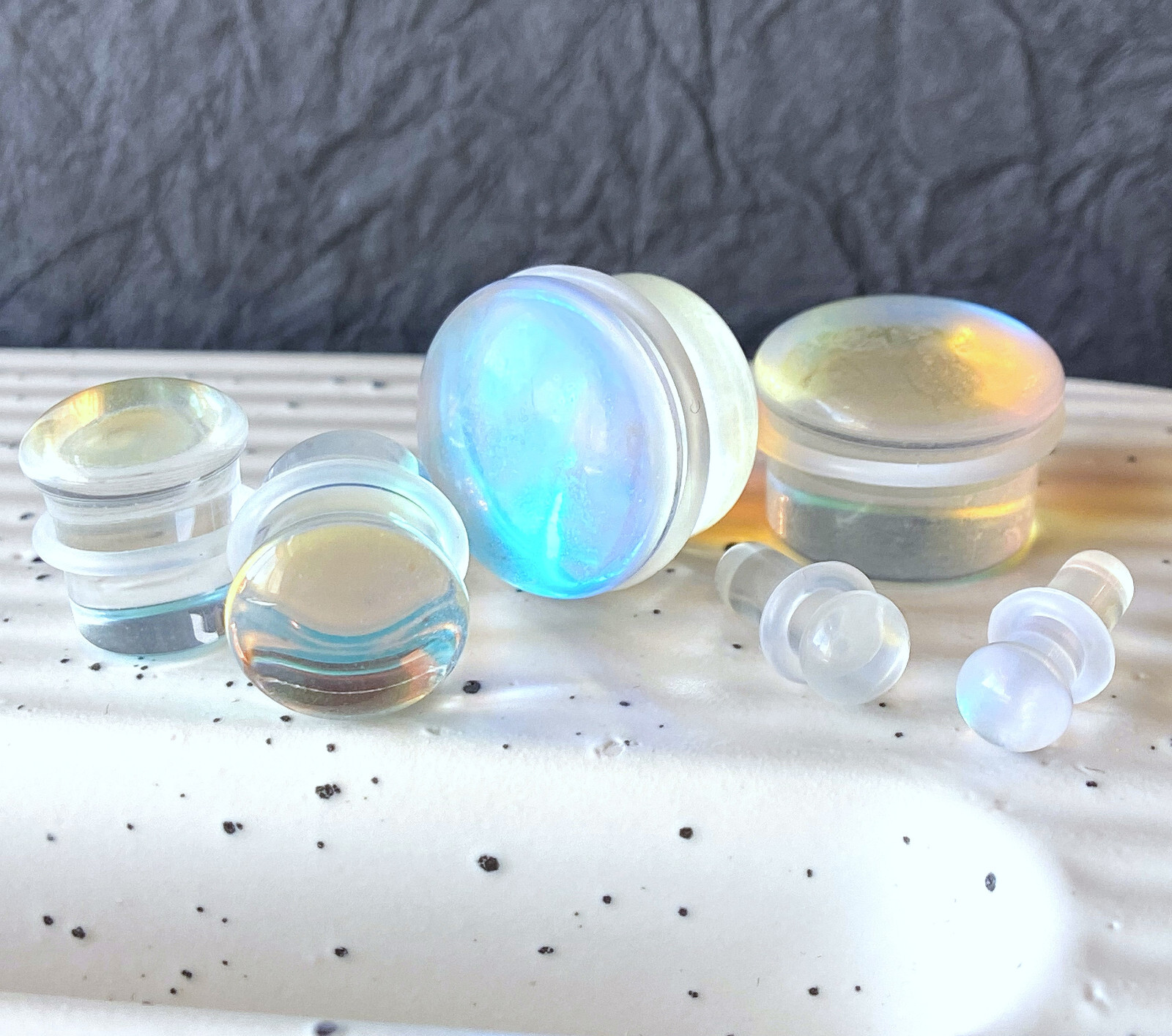 PAIR Luminous Moonstone Glass Single Flare Stone Plugs Gauges Earlets Tunnels