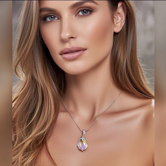 Swarovski Austrian Crystal Aurora Borealis Baroque Pendant 925 Silver Necklace