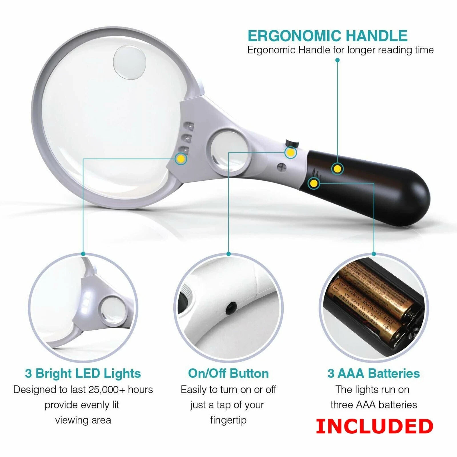 45X Magnifying Glass Handheld Magnifier 3 LED Light Reading Lens Jewelry Loupe