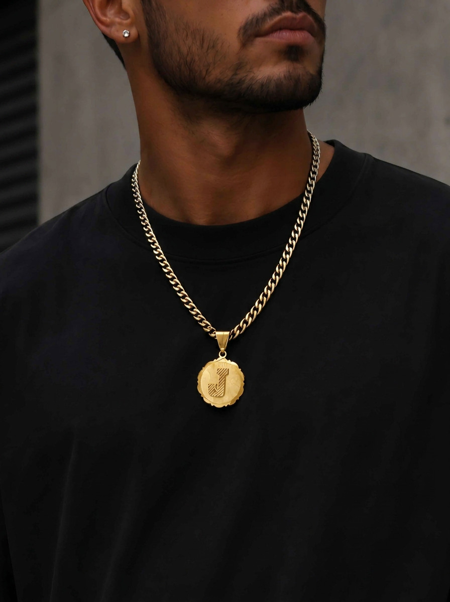 Gold Initial Necklace, 14k Heavy Plated Gold, 7mm Curb Chain For Men