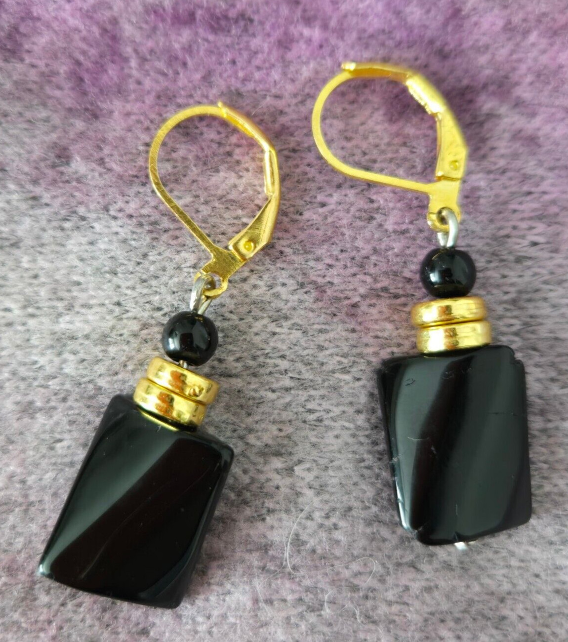 Black Twist Rectangular Onyx Earrings, Made in USA, Handmade Earrings, Free ship