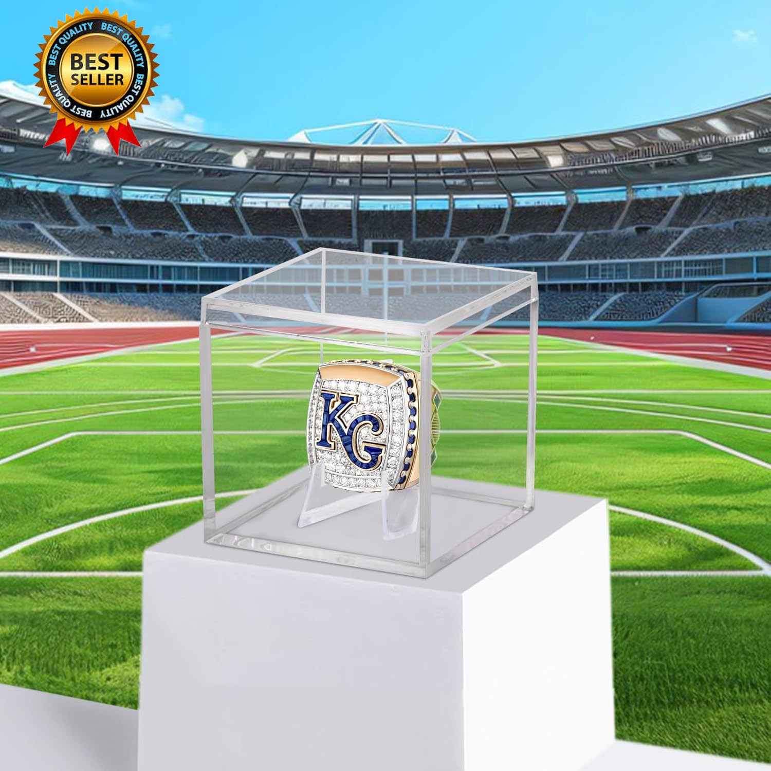 Championship Ring Display Case, Clear Acrylic Memorabilia Stand Cube Holder Dust