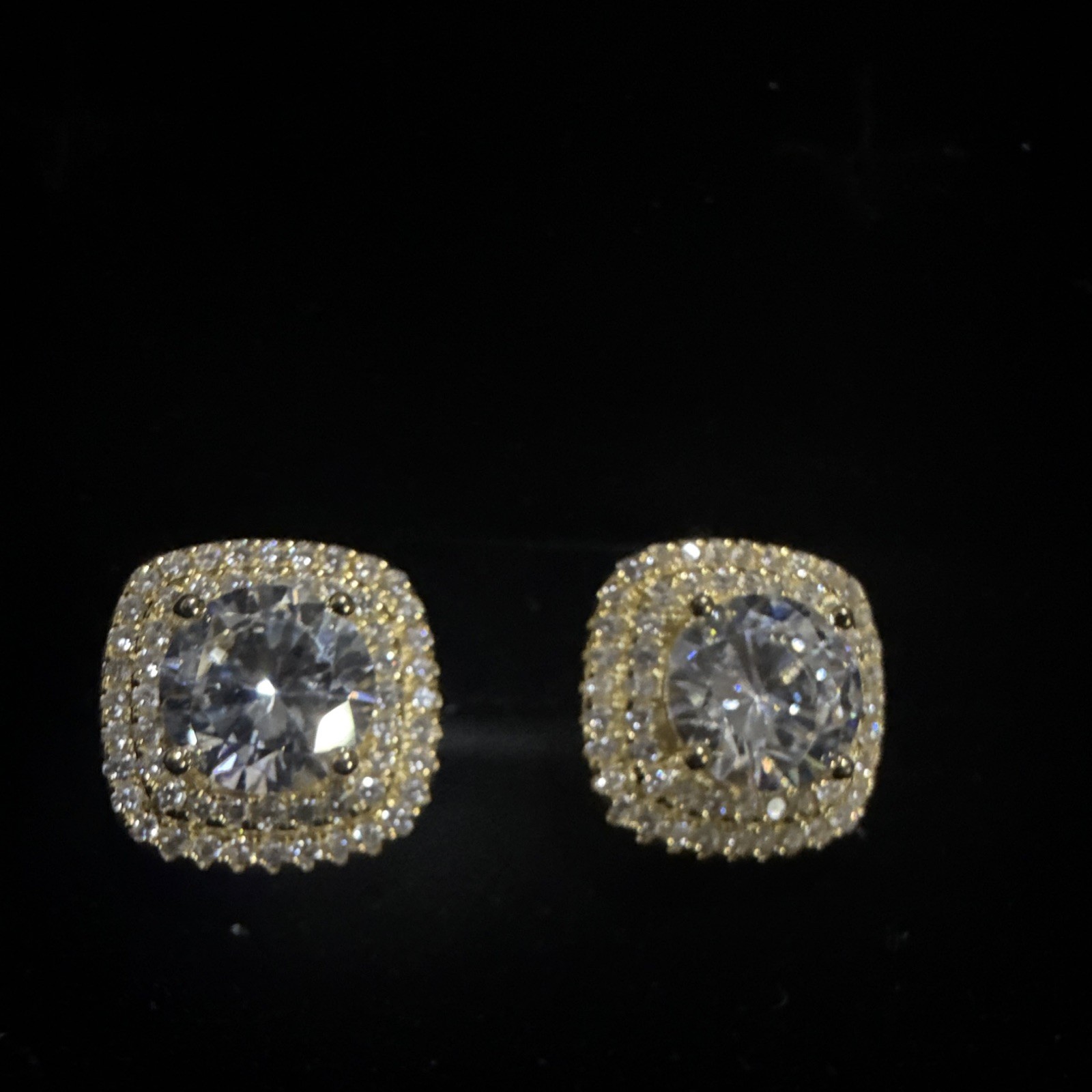 Gold Tone Clear Crystal Halo Cluster Square Stud Earrings Butterfly Back