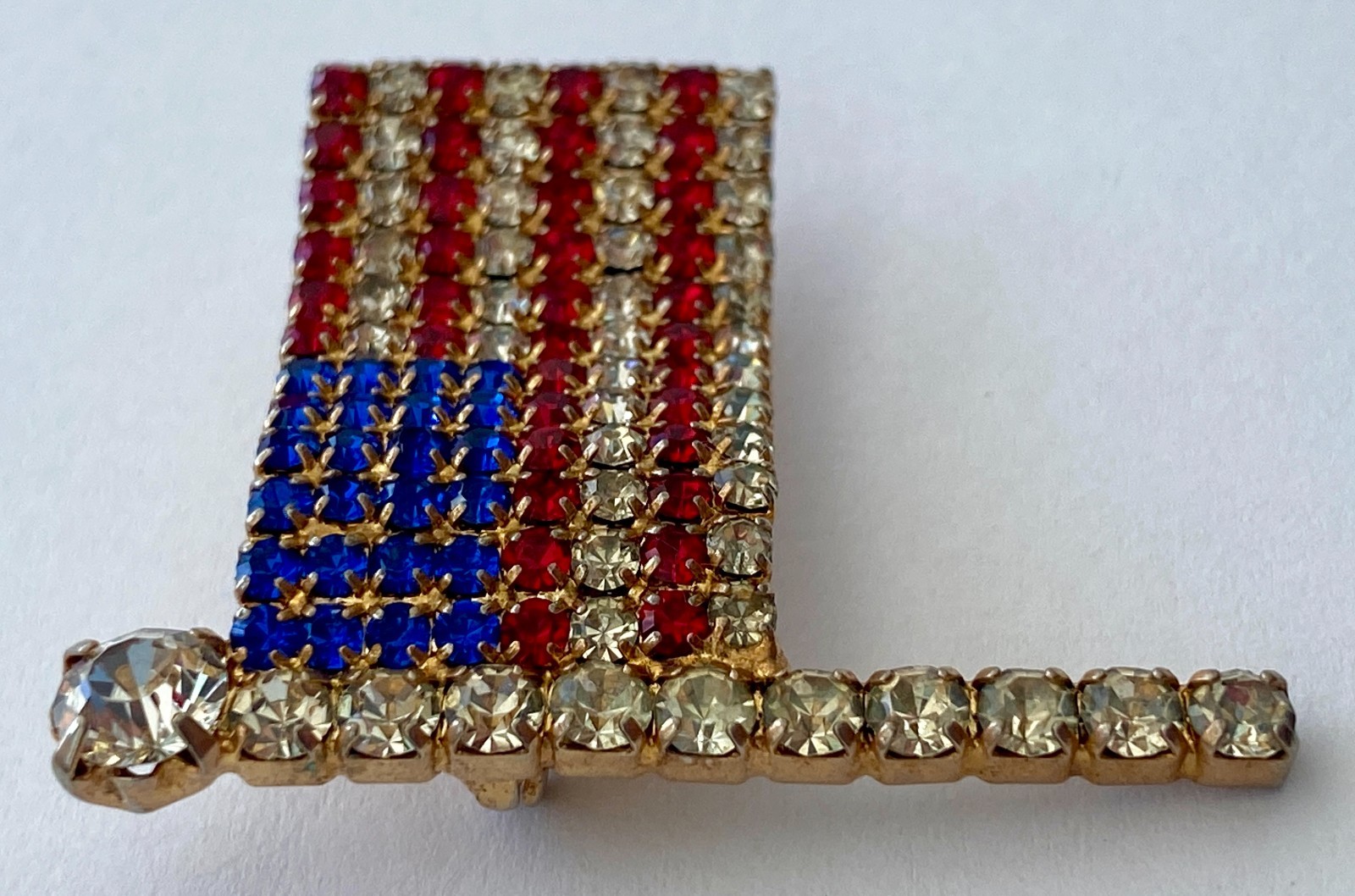 Vintage United States American Flag Brooch Red White Blue Rhinestones Gold Tone