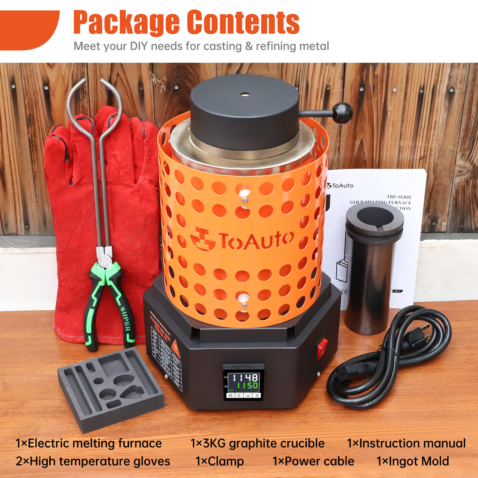 TOAUTO 1800W Electric Gold Melting Furnace 6.6LB Crucible Casting Ingot Mold Kit
