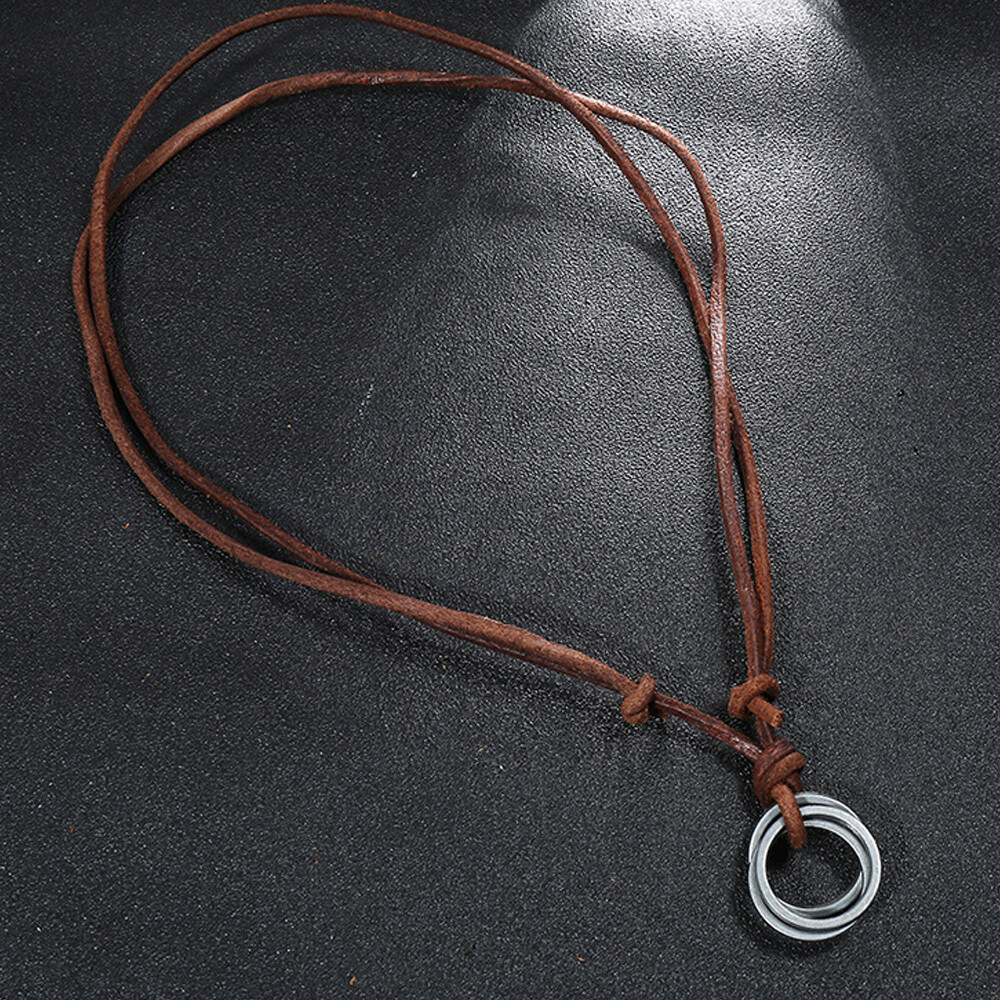 Mens Retro Metal Rings Pendant Genuine Leather Surfer Choker Long Necklace Brown