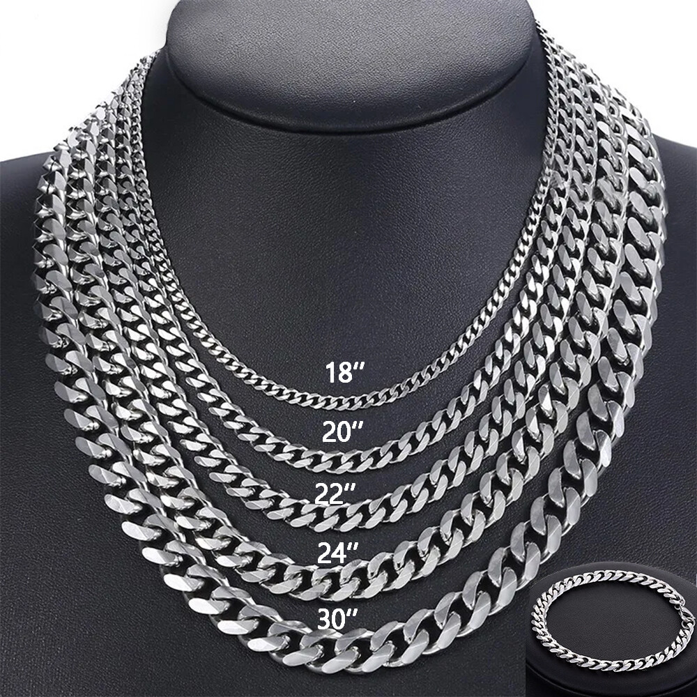 16-30″ Stainless Steel Silver Chain Cuban Curb Necklace 3/5/7/9/11mm Womens Mens