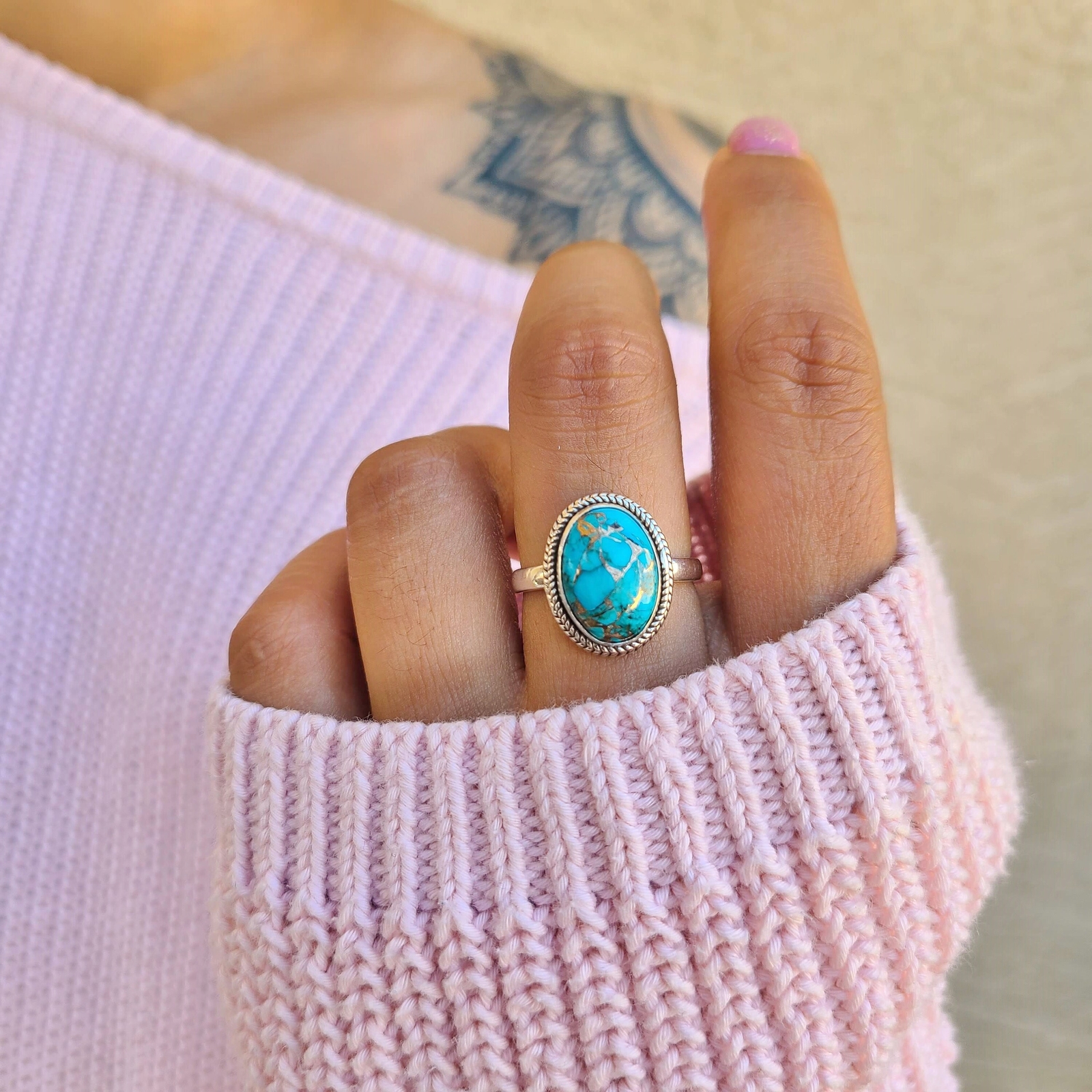 Genuine Copper Turquoise Ring 925 Sterling Silver Ring Hand Made Ships From USA