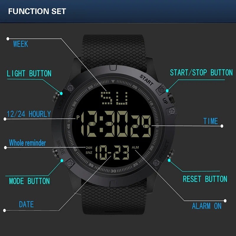 Waterproof Digital Sports Watch Military Tactical LED Backlight Wristwatch Men