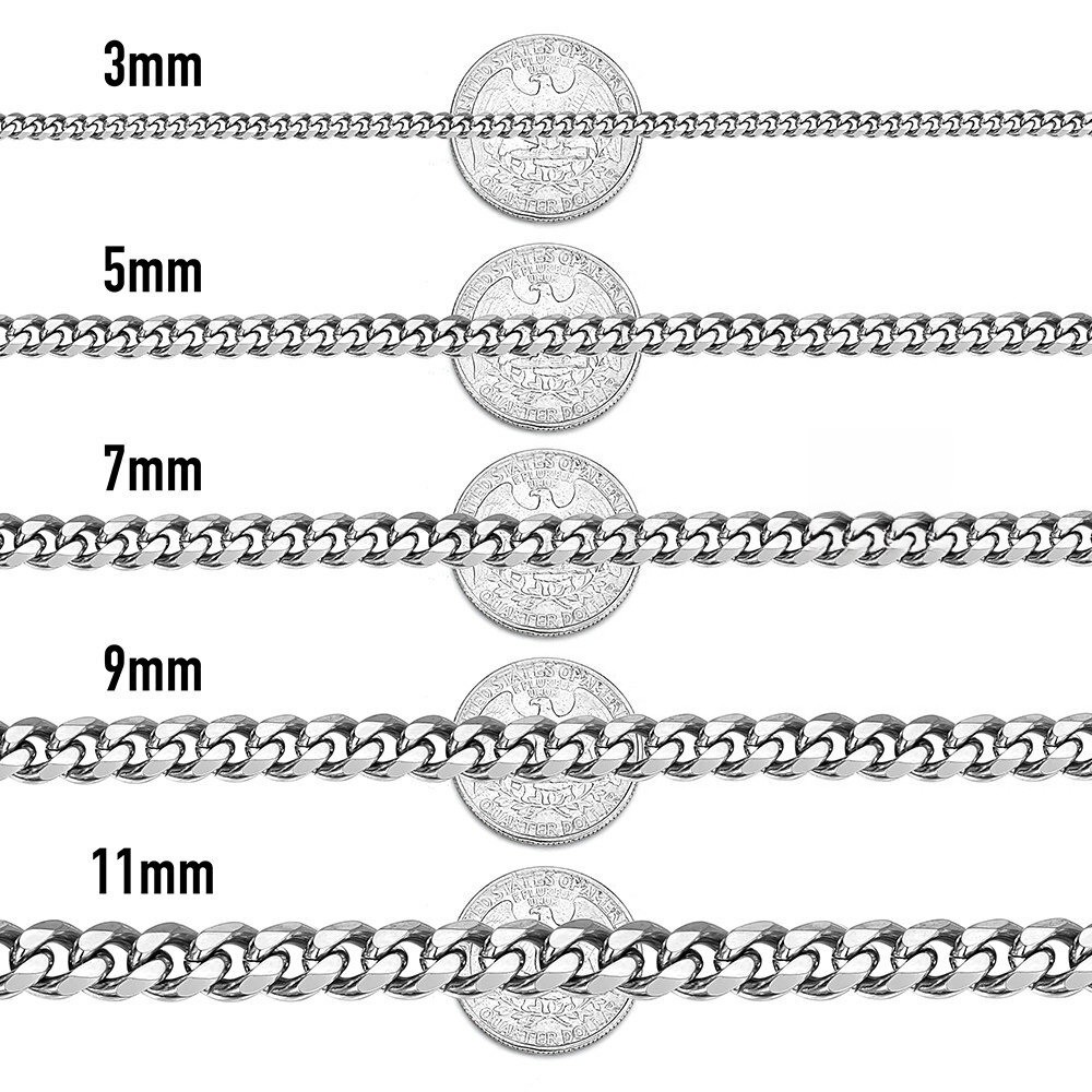 16-36″ Stainless Steel Silver Chain Cuban Curb Womens Mens Necklace 3/5/7/9/11mm