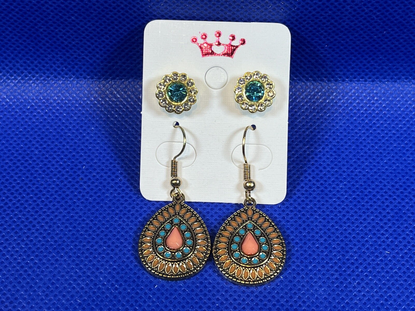 Bohemian Design Colored Gold Dangle Earrings & Floral Aqua Stud Earring Set