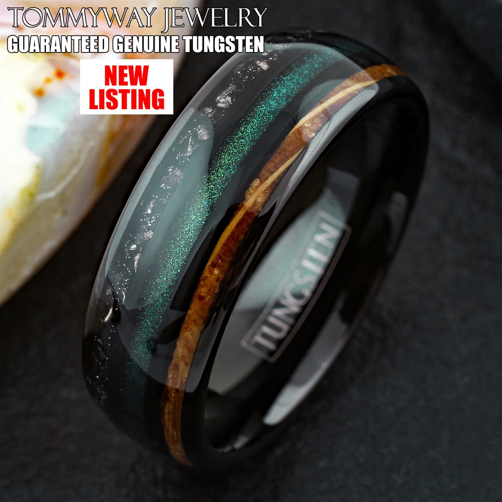Black Tungsten Carbide Green Sand Whiskey Barrel Wood Faux Meteorite Band Ring
