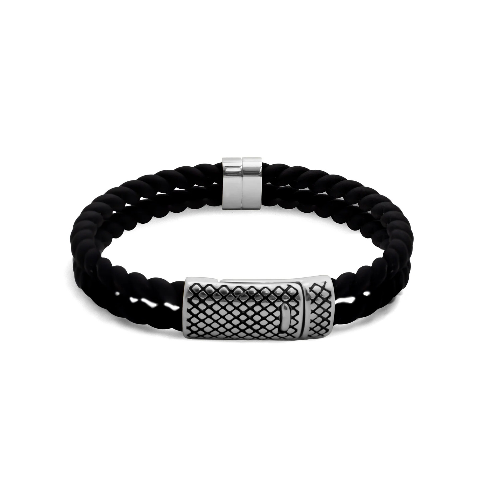 18K Gold PVD Stainless Steel Mens Rubber Metal Clasp Bracelet Black Braided 8.5