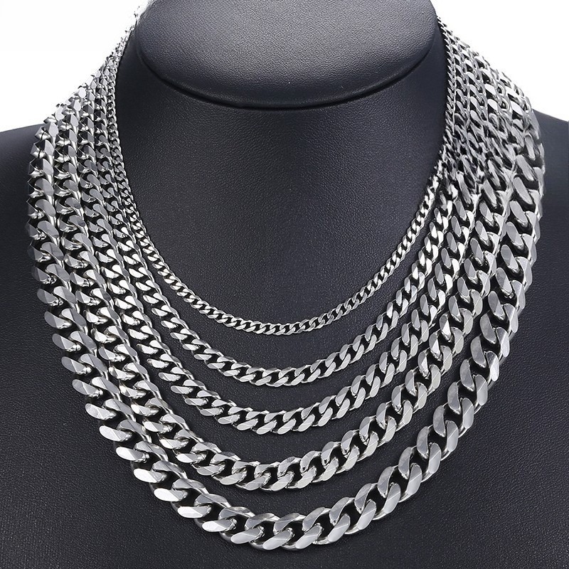 16-36″ Stainless Steel Silver Chain Cuban Curb Womens Mens Necklace 3/5/7/9/11mm