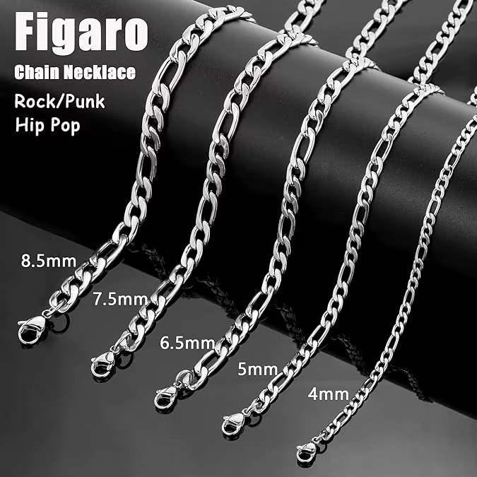 Stainless Steel Figaro Chain Necklace 16″-36″ Men Women 3/4/5/7/9/10/12mm N70