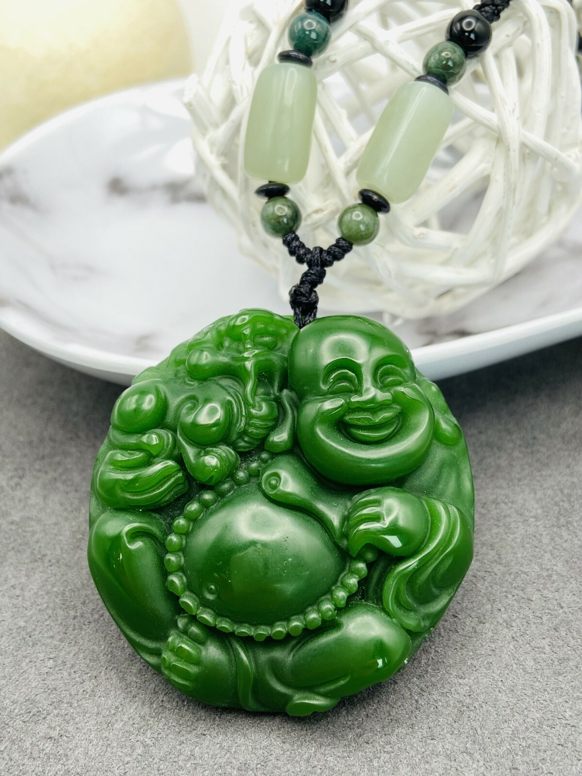 Jade Buddha Charm Pendant Necklace W/ Beads Cord Chain Handmade Carved Gemstone