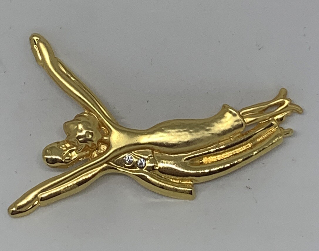 Vintage Gold Tone Male Female Dancer Pin Brooch 2-3/4″ Tall Rhinestones
