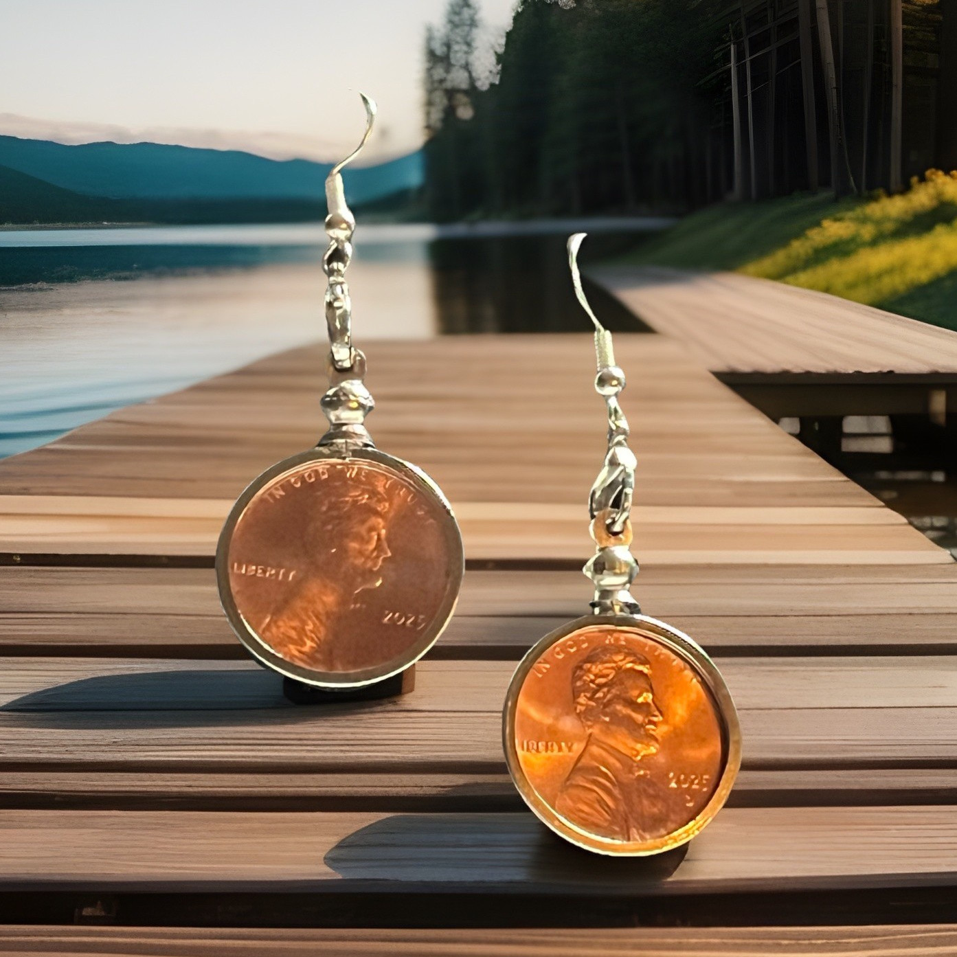 2-2025-P-D Lincoln Penny Coin Bezel/Dangle/Drop Hook Earrings, PERFECT GIFT!