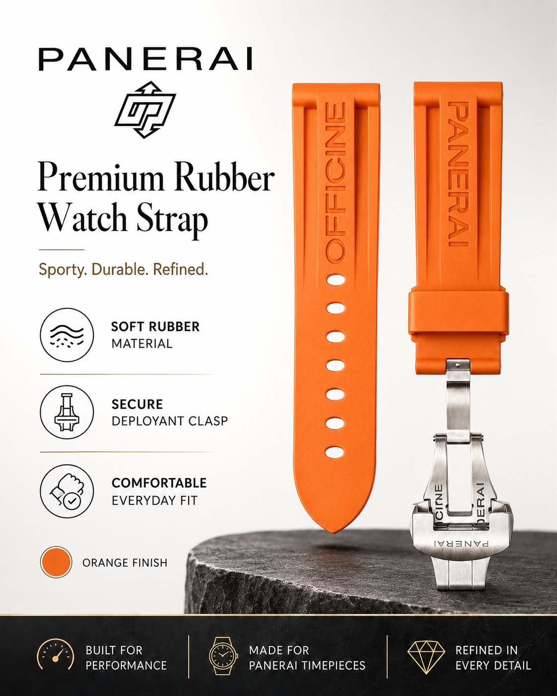 OEM Panerai Watch 24/22mm ORANGE Caoutchouc Rubber Dive Strap MXE0BSB0 w/Buckle