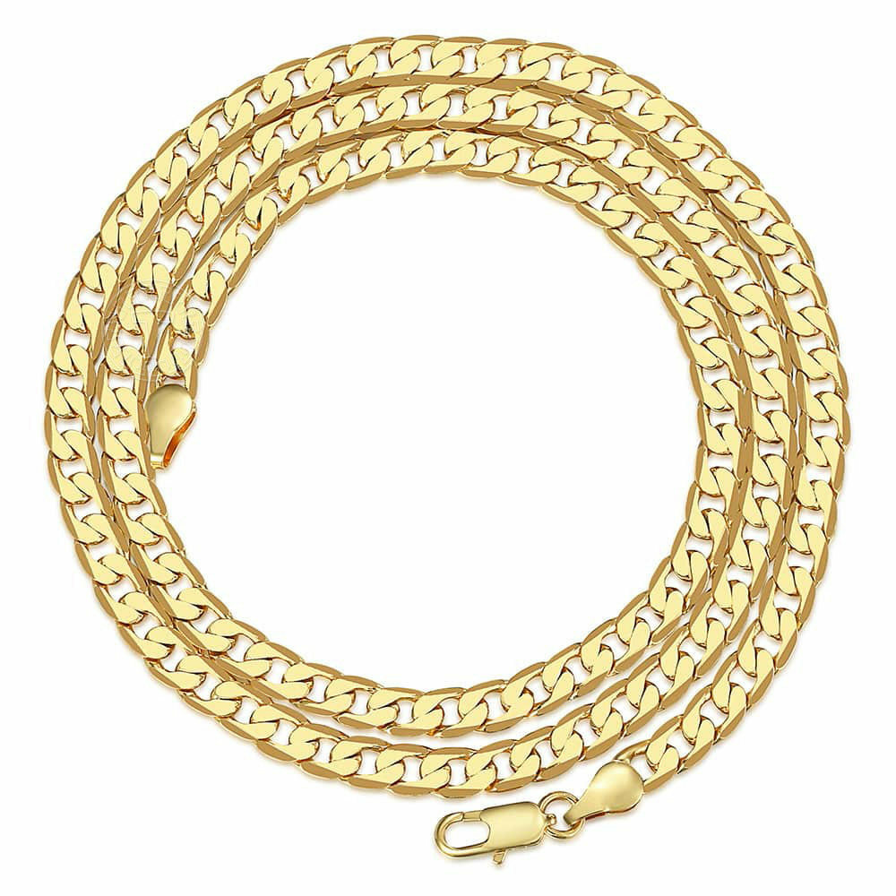 5mm Male/Female Chain Cut Flat Curb Cuban Link Yellow Gold Plated Necklace 18-24
