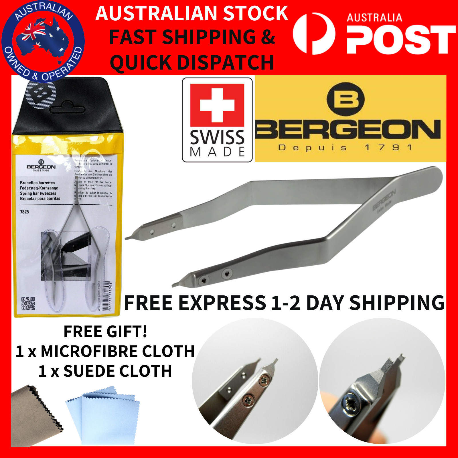 Bergeon 7825 Spring Bar Tweezer Lug Removal Fitting Tool Swiss HT7825 AUS STOCK!