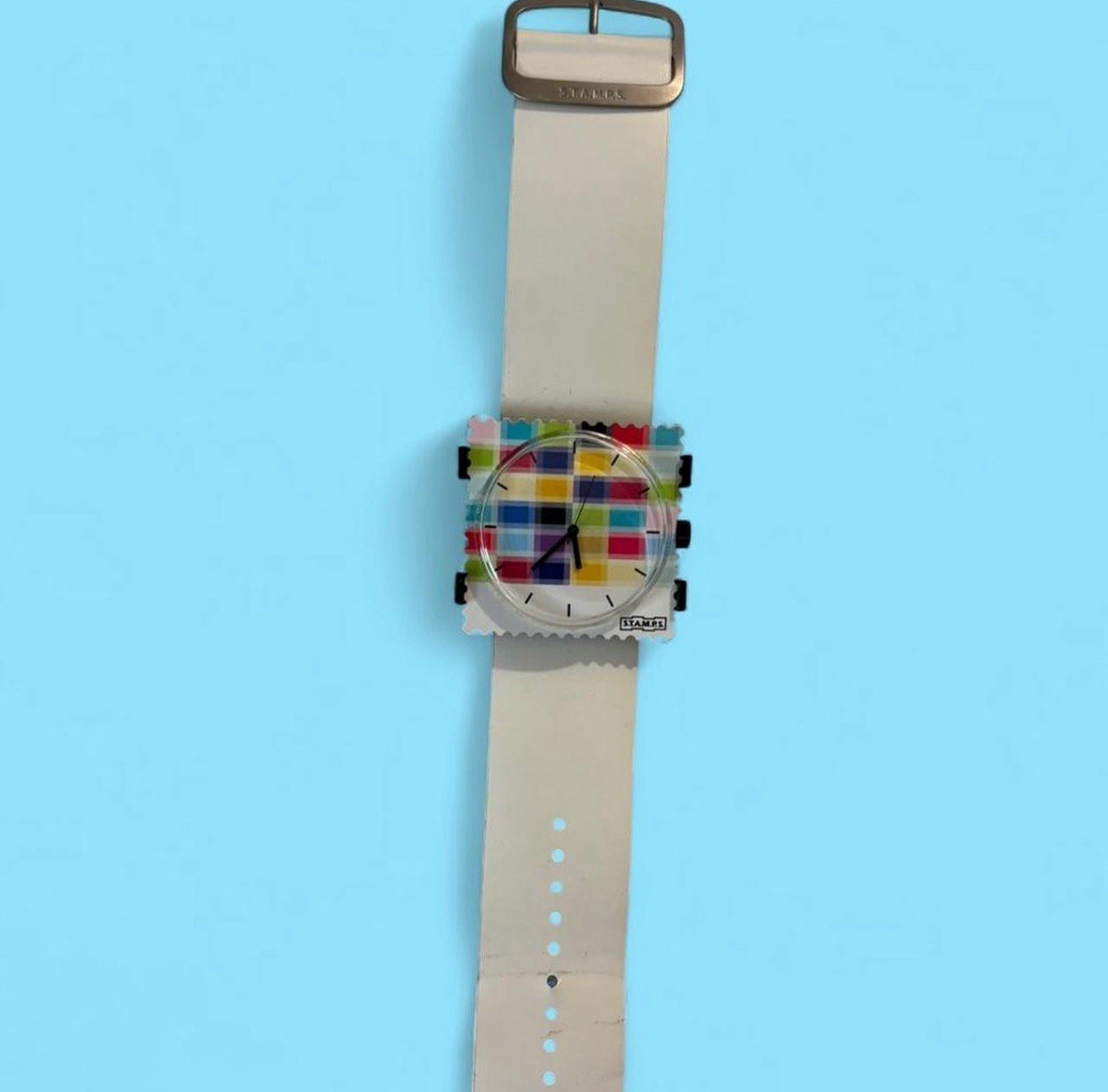 S.T.A.M.P.S. Quartz Analog Wristwatch Square Black Case White Leather Strap