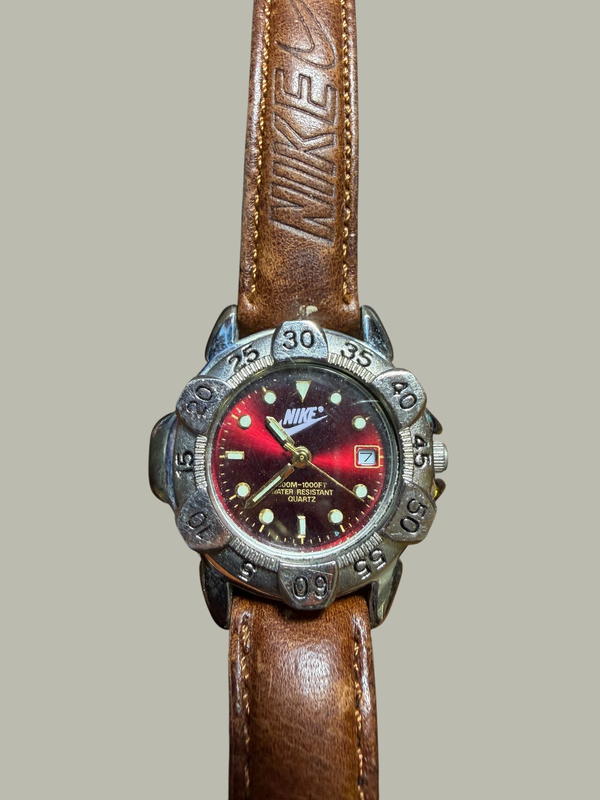 Vintage Nike Watch Red Dial Diver Style Quartz Brown Leather Band Water