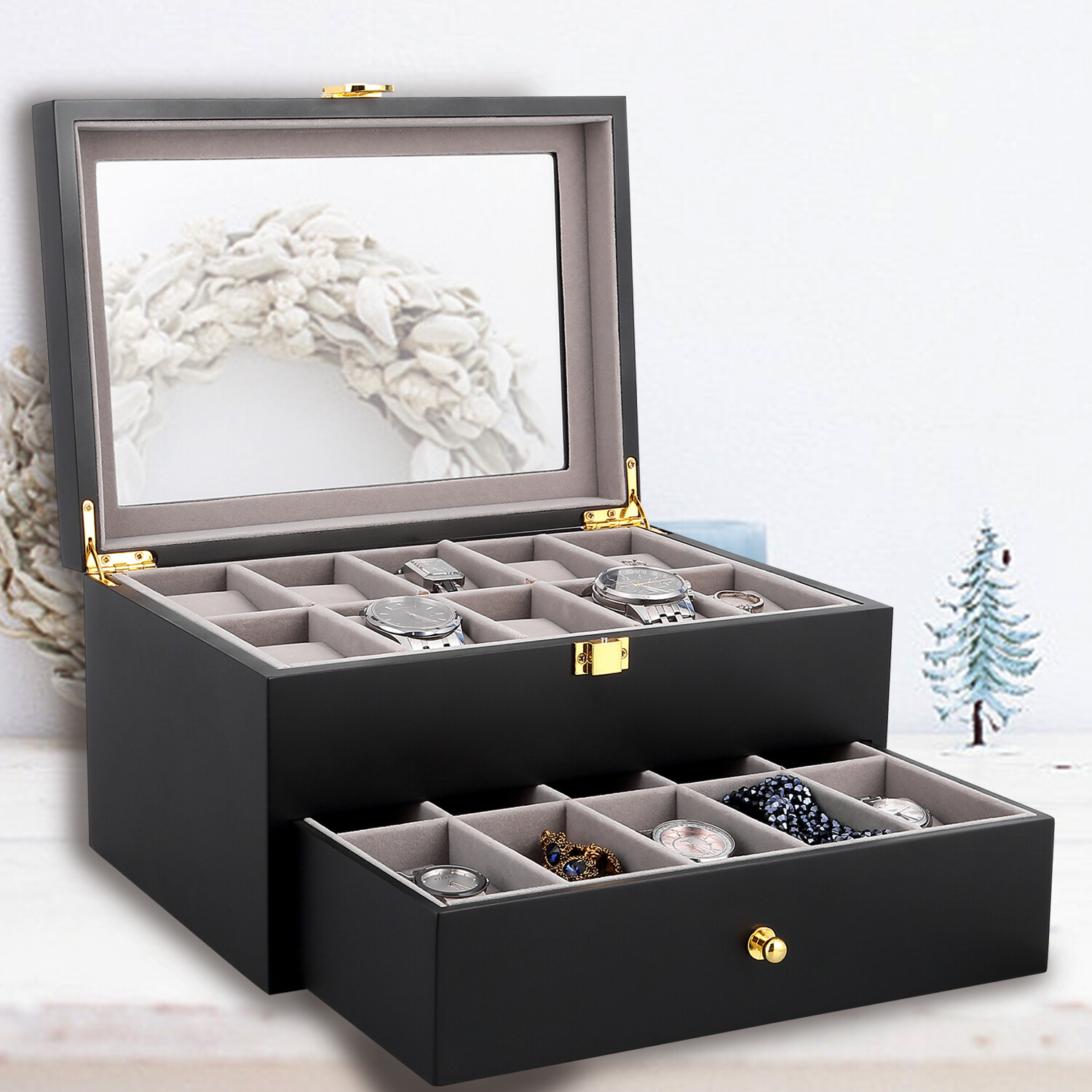 Mens Double Layer Watch Box 20 Grids Leather Display Case Jewelry Storage Holder