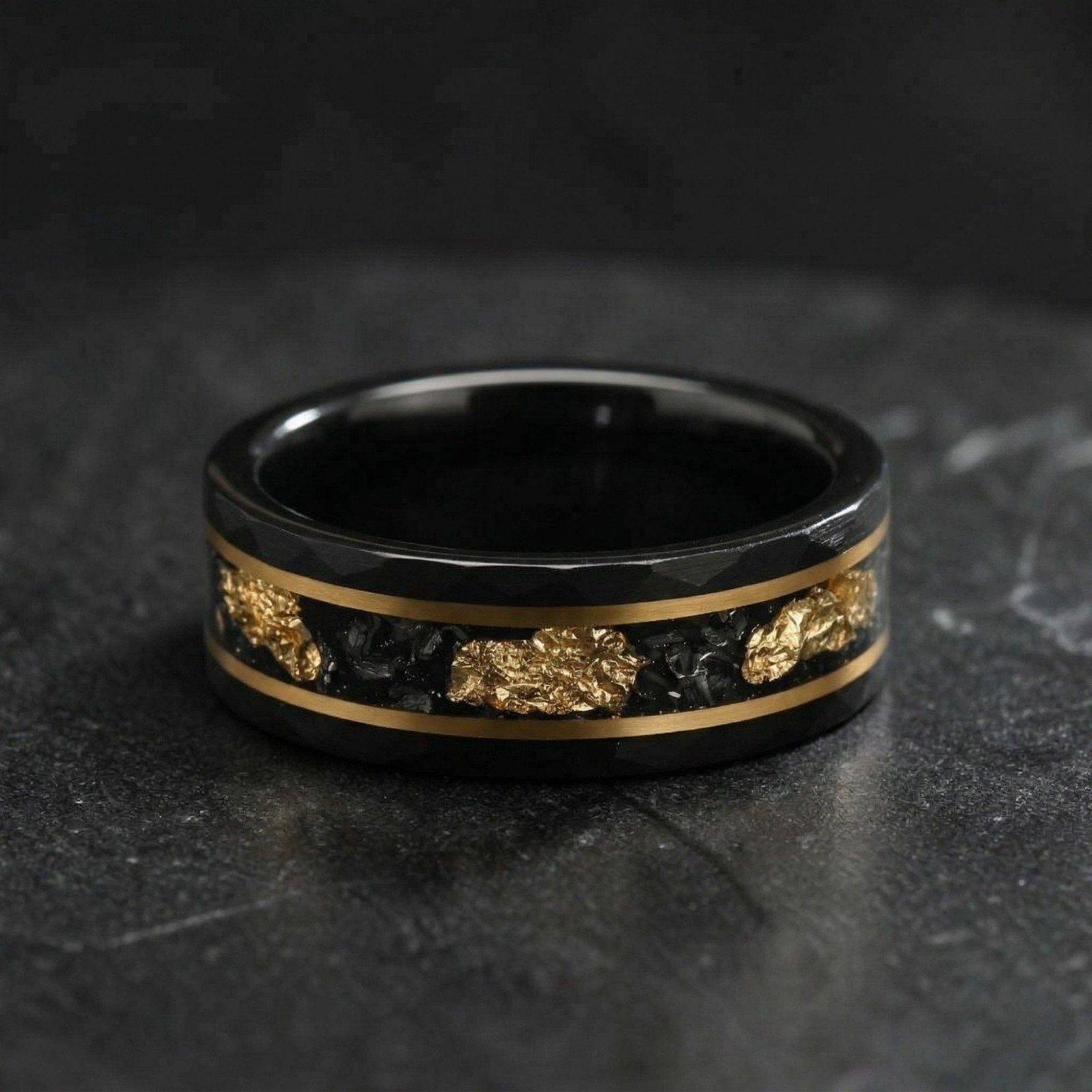 Black Hammered Tungsten Ring – Meteorite & Gold Leaf – 8mm Men’s Wedding Band