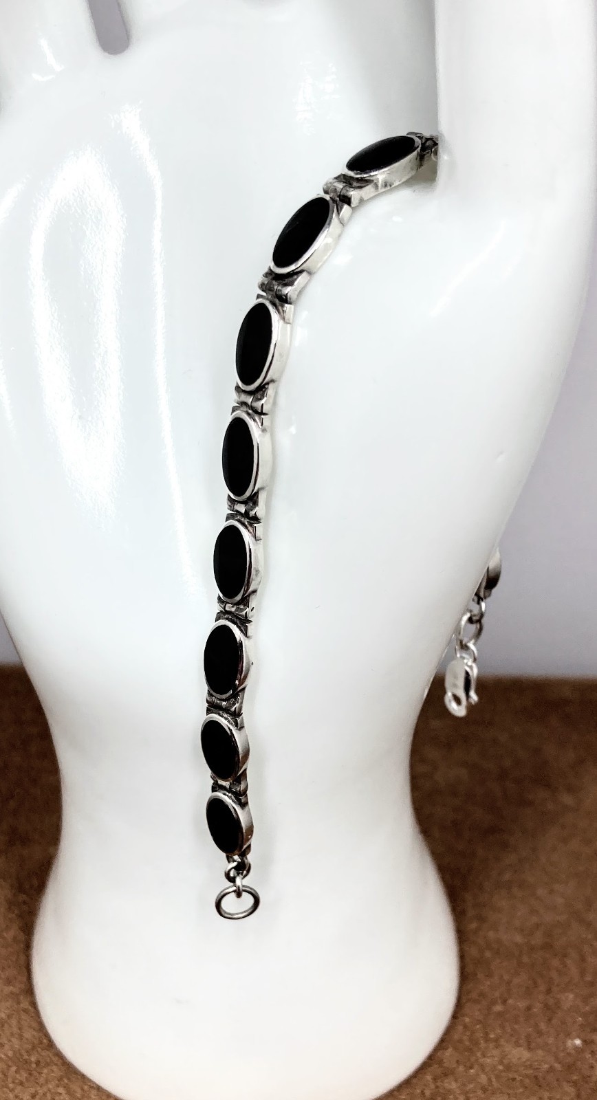 Lovely Vintage Hallmarked 925 Silver Onyx Inlay Link Bracelet 7.5″x5mm Wt.11.2g