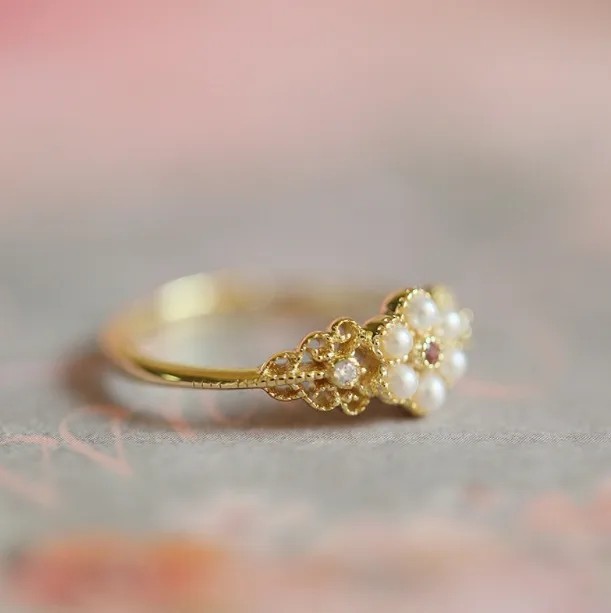 Gold Tone Metal Pearl Cluster Band Ring Size 6 with Round White Pearl
