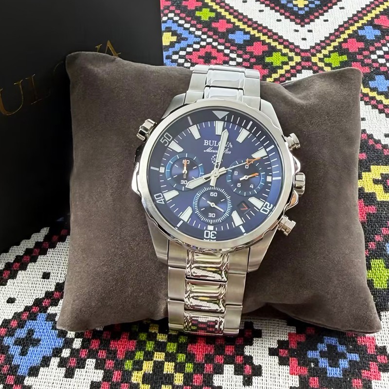 Bulova Classic Marine Star Men’s 96B256 Blue Dial Silver Steel Quartz Watch 43mm